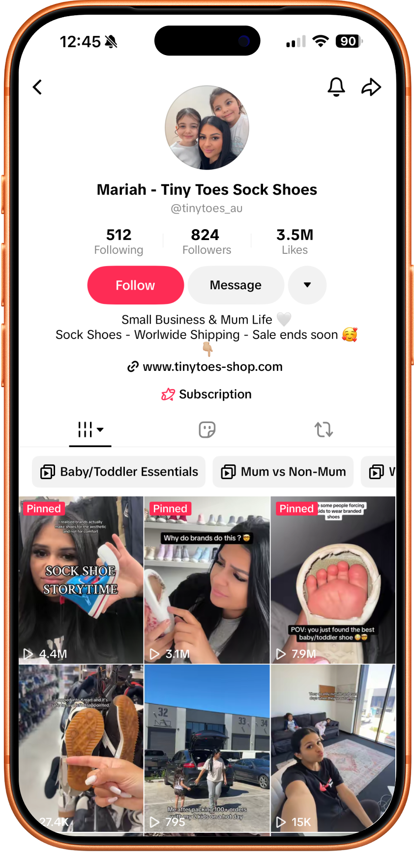 TikTok profile page of Mariah - Tiny Toes Sock Shoes showing follower stats, follow button, bio about small business and sock shoes, link to website, and pinned video thumbnails related to sock shoes and mum life.