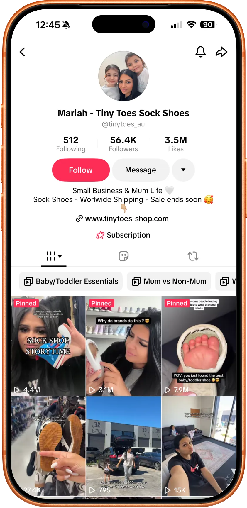 TikTok profile of Mariah - Tiny Toes Sock Shoes with profile photo of a woman and two girls, 56.4K followers, and pinned videos about sock shoes.