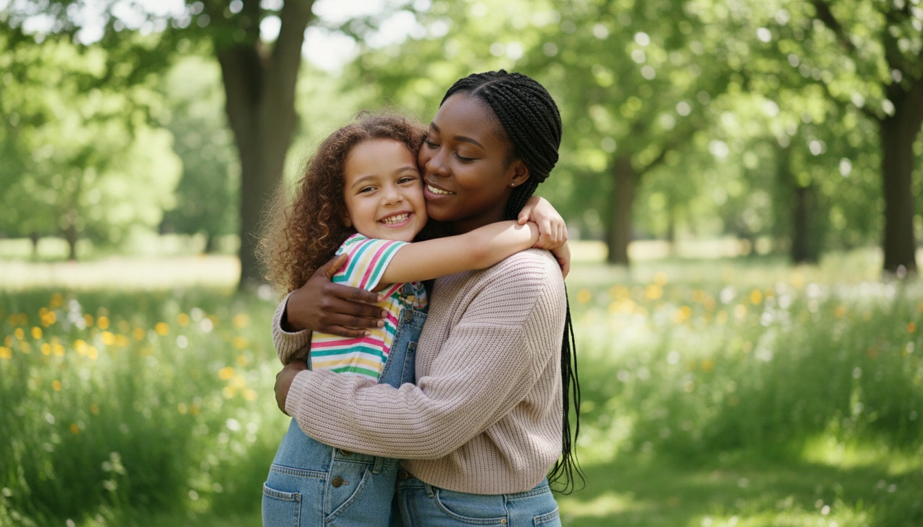 A mother and daughter hugging and smiling in a lush green park