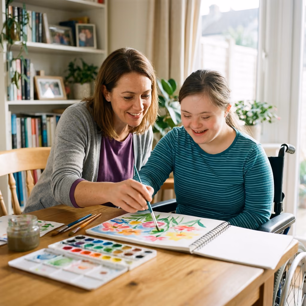 Two women in a kitchen smiling while one helps the other chop vegetables on a wooden board.