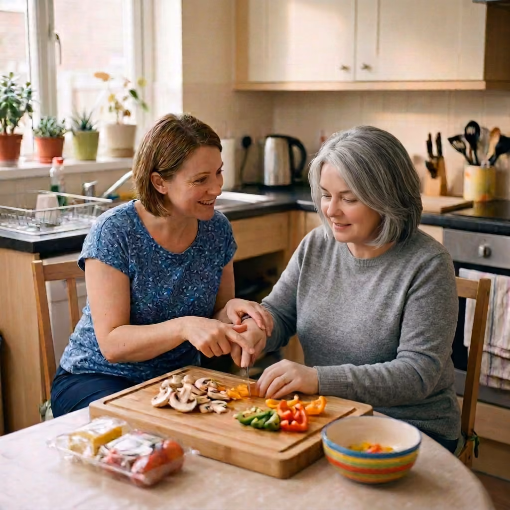 Two women smiling in a kitchen as one helps the other chop colorful vegetables on a wooden board.