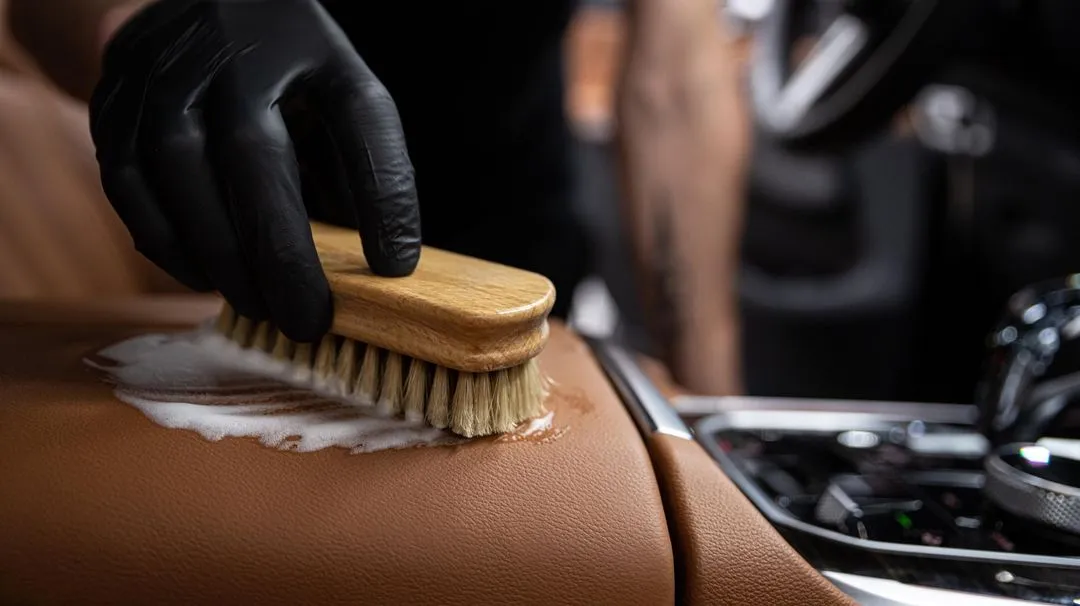 Person wearing black glove scrubbing tan leather car interior with a brush and foam cleaner.