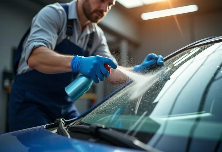 Man wearing blue gloves spraying cleaning liquid on a car windshield in a garage.