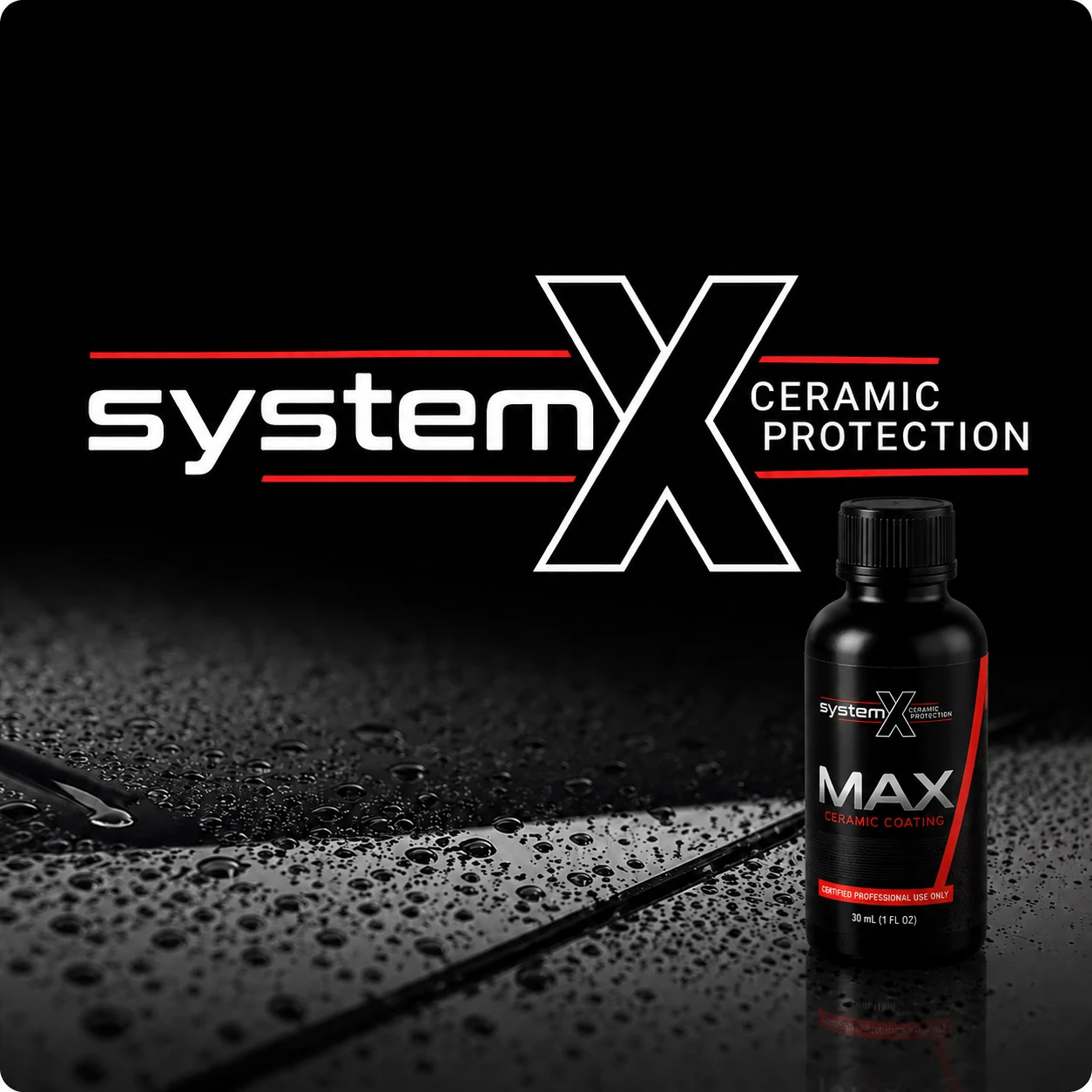 System X Max Ceramic Nano Coating product with black and red labeling, showing a boxed container and a bottle with a black cap.
