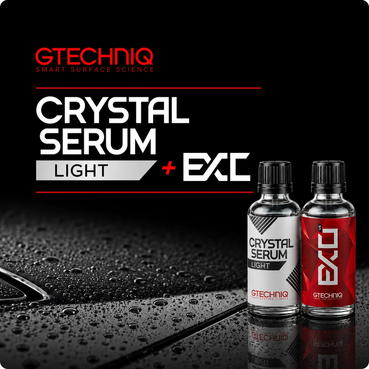 Two Gtechniq product boxes side by side, one white labeled 'Crystal Serum Light' and one red labeled 'EXO'.