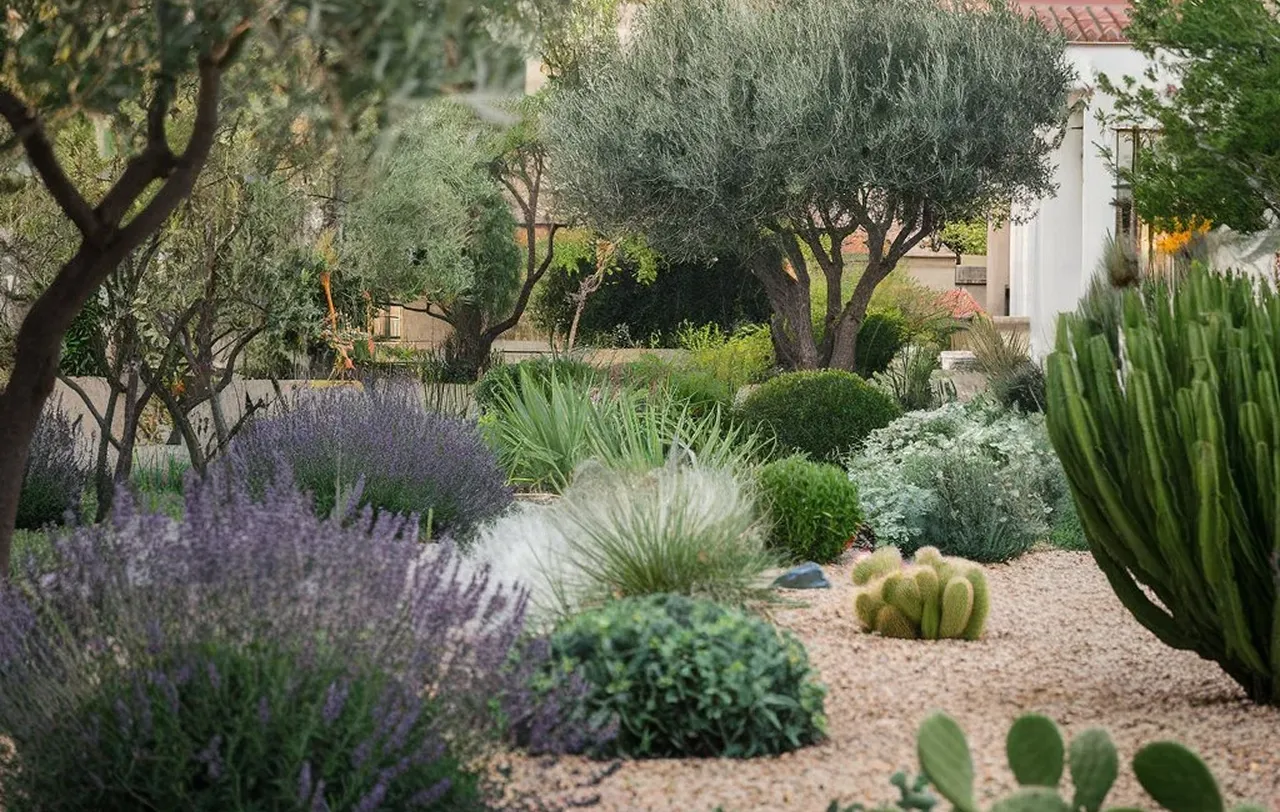 Jardín con árboles pequeños, arbustos verdes, plantas de lavanda y cactus sobre tierra cubierta de grava.