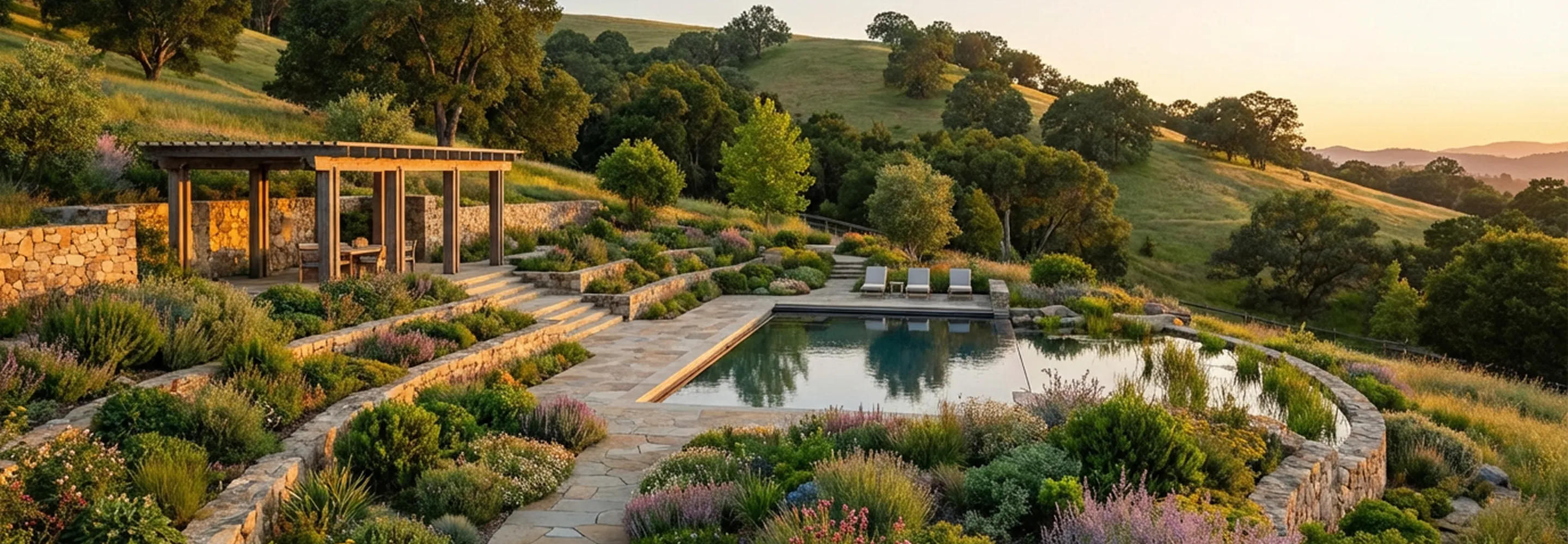 Imágen de un jardín con una piscina