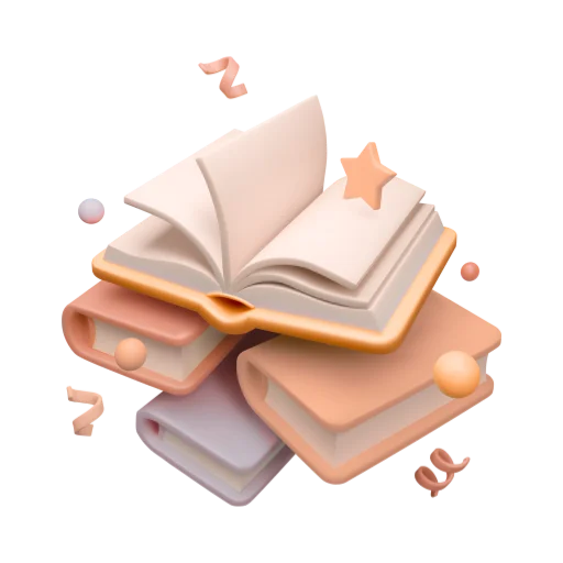 Ilustración 3D de libros apilados con uno abierto y una estrella encima, rodeados de elementos decorativos flotantes.
