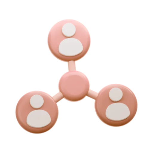 Ícono de conexión de red social con tres figuras humanas estilizadas en círculos rosa conectados.