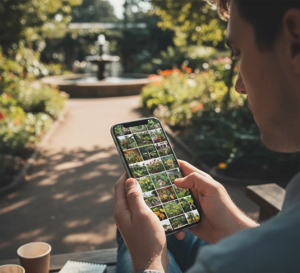 Persona sosteniendo un teléfono móvil que muestra una galería de fotos de jardines y flores en un parque.