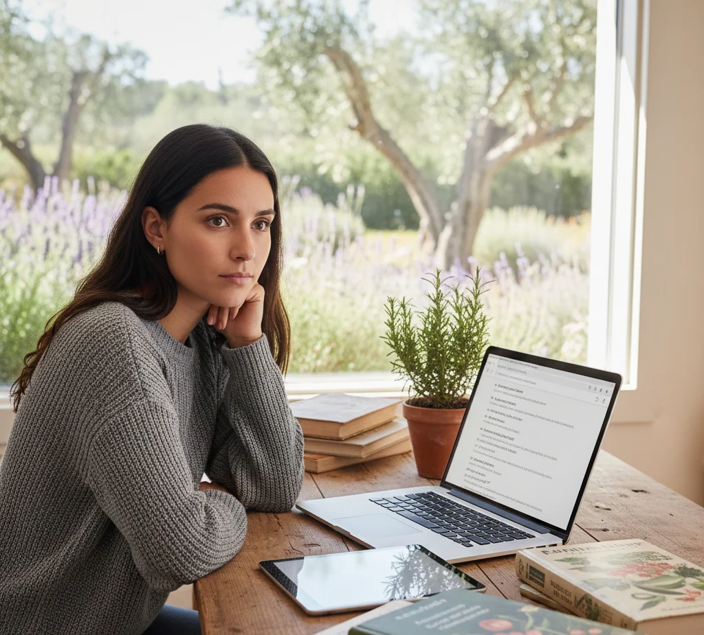 Mujer pensativa con suéter gris sentada frente a una mesa con laptop, tableta y libros junto a una ventana con vista a un jardín.