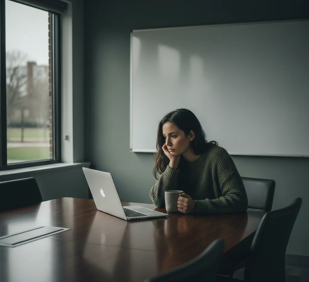 Mujer sentada en una sala de reuniones frente a una laptop con una taza en la mano, mirando la pantalla con expresión pensativa.