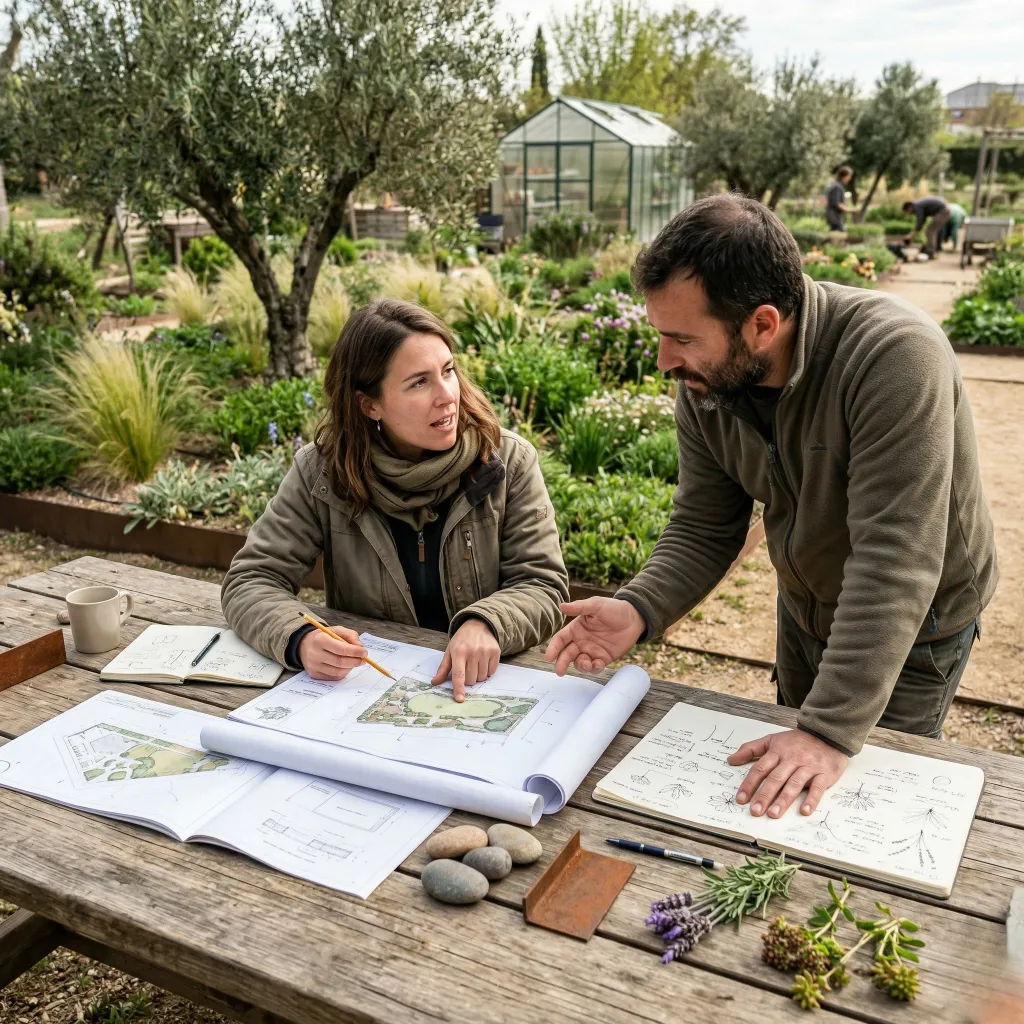 Dos personas discutiendo planes de diseño de jardín en una mesa al aire libre con plantas y bocetos botánicos alrededor.