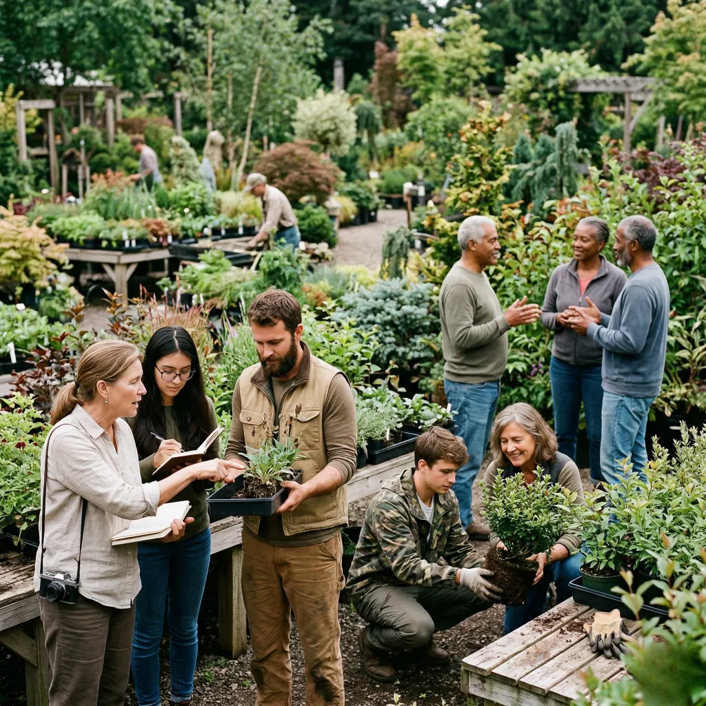Personas en un vivero, varias interactúan con plantas y otras conversan entre sí en medio de vegetación variada.