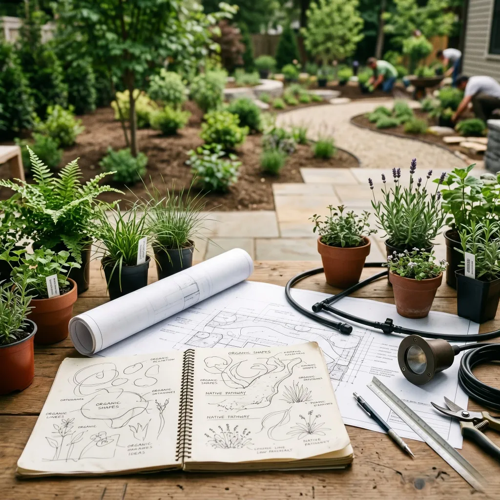 Mesa de trabajo con plantas en macetas, planos de jardín, cuaderno con bocetos de diseño y herramientas de jardinería en un entorno de jardín.