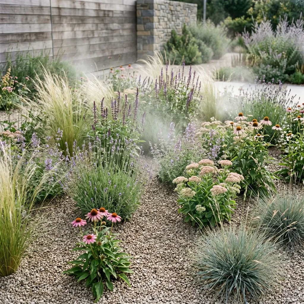 Macizos de plantas con flores y césped en un jardín con senderos de piedras y una pared de madera.