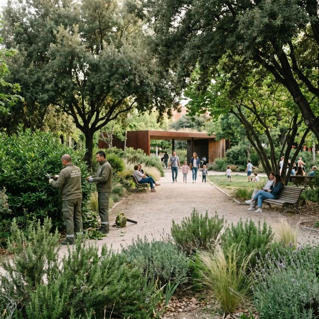 Trabajadores jardineros podan arbustos mientras familias pasean y niños juegan en un parque verde.