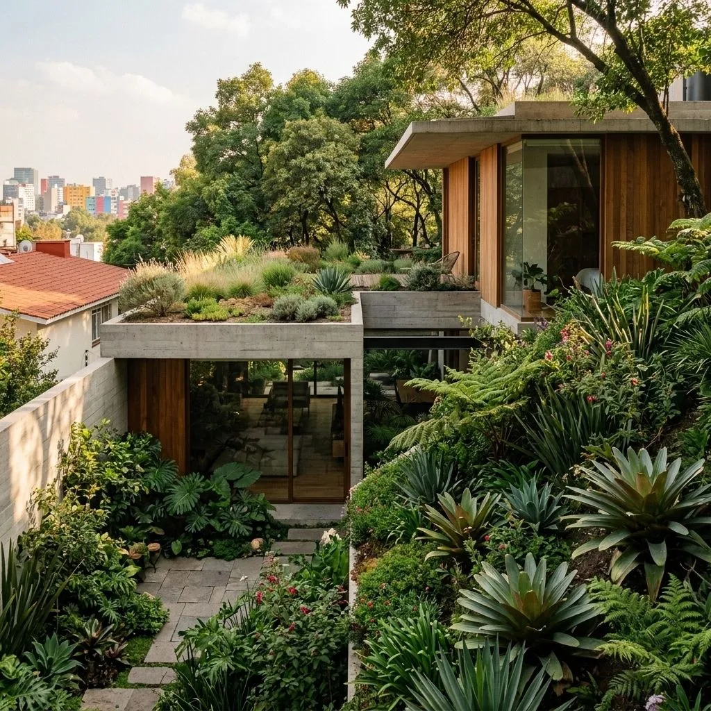 Casa moderna con techo verde y jardín frondoso en entorno urbano con árboles y edificios coloridos.