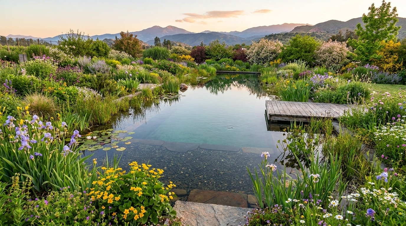 Biopiscina rodeada de zonas de biofiltrado con plantas y vegetación alrededor, con montañas al fondo al atardecer.