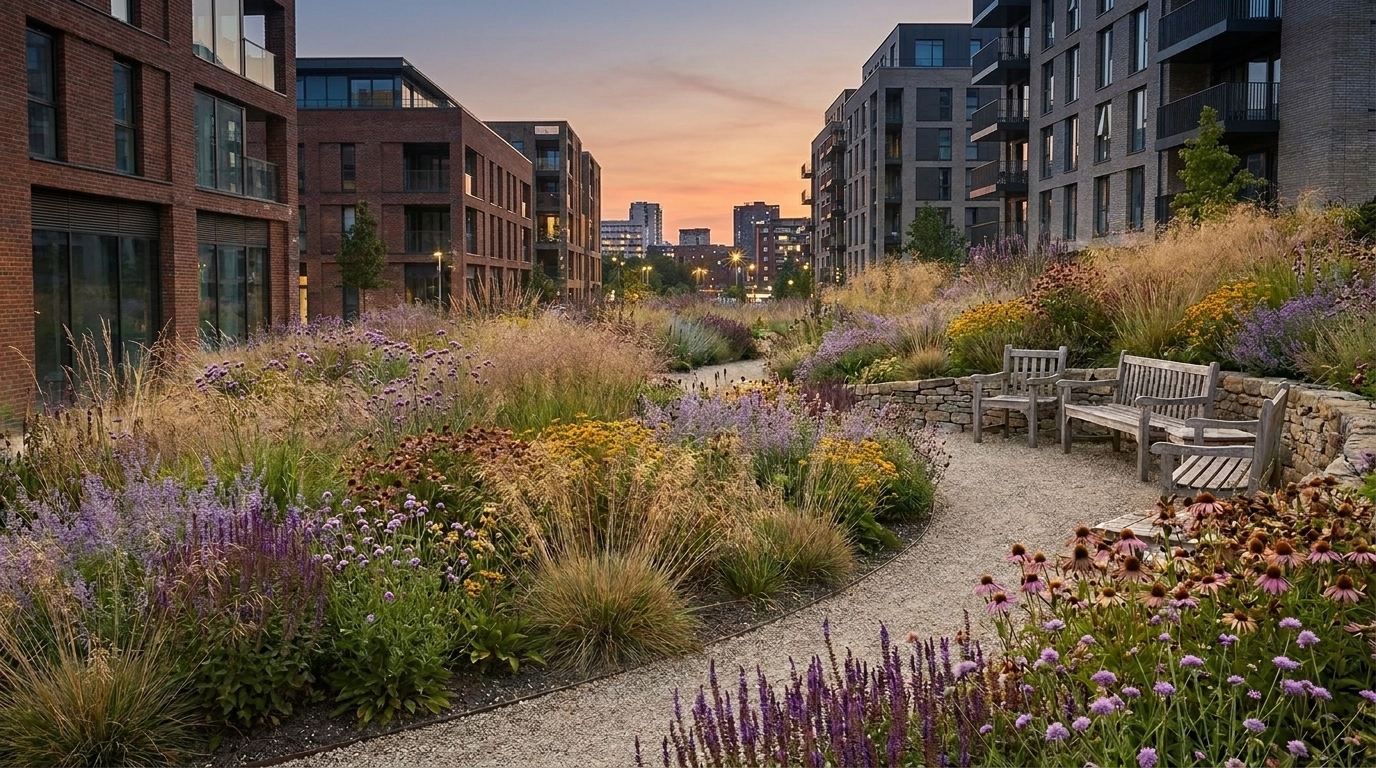 Jardín urbano siguiendo la escuela naturalista de sheffield, el espacio está entre edificios modernos con bancos de madera y flores al atardecer.