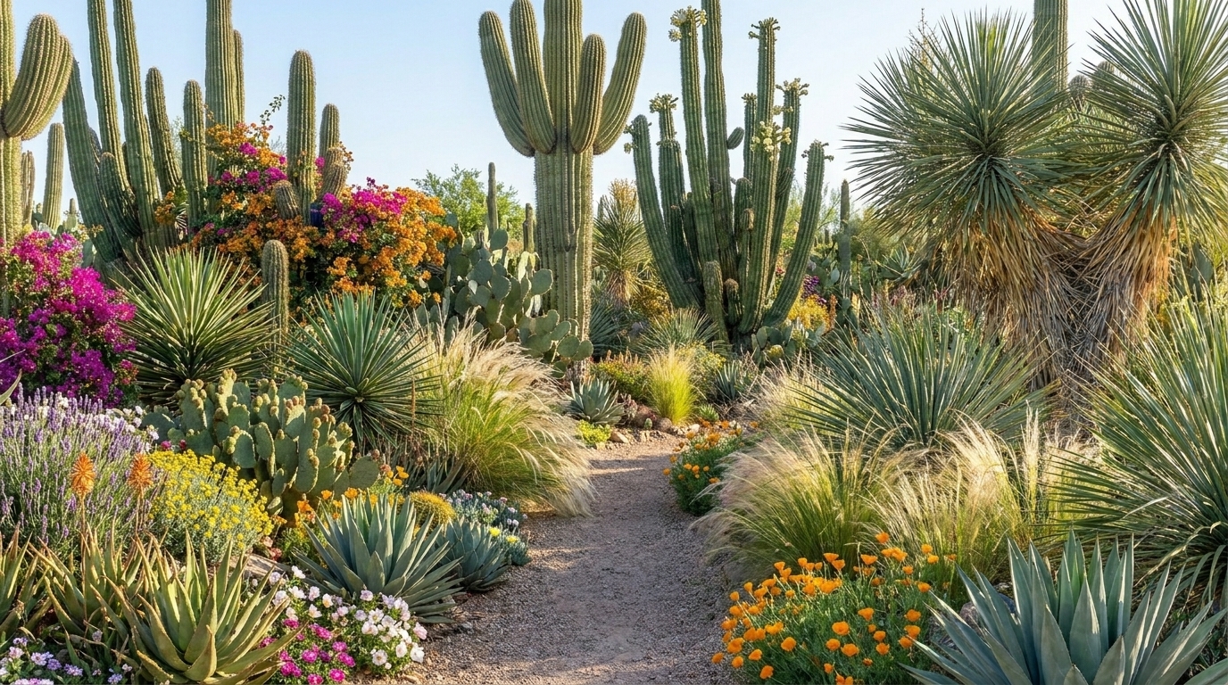 Paisajimo desertico, diseño con un camino central rodeado de cactus altos, plantas suculentas, gramineas resistentes a la sequía y flores de varios colores bajo un cielo despejado.