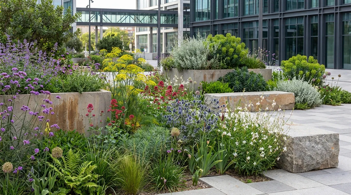 Diseño de paisajismo urbano contemporáneo que combina jardineras de hormigón y bloques de piedra natural con una exuberante variedad de plantas perennes, gramíneas y coloridas flores, contrastando con edificios de oficinas de cristal al fondo.