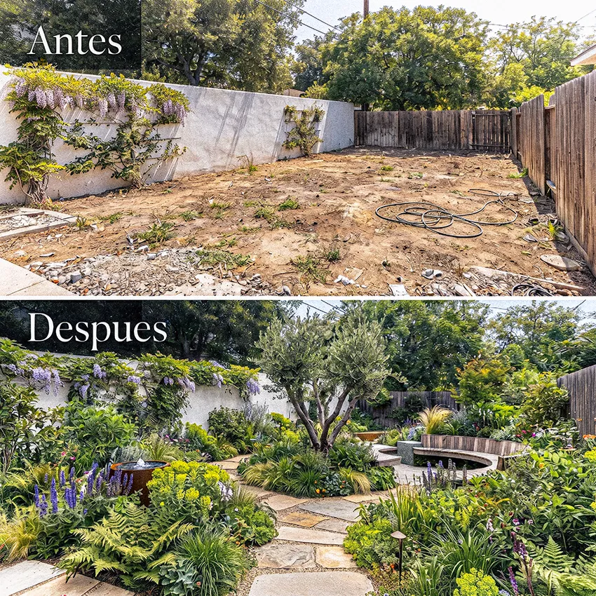 Antes y después de la transformación de un jardín mediante un proyecto de paisajismo realizado por un alumno de Academia del Paisaje