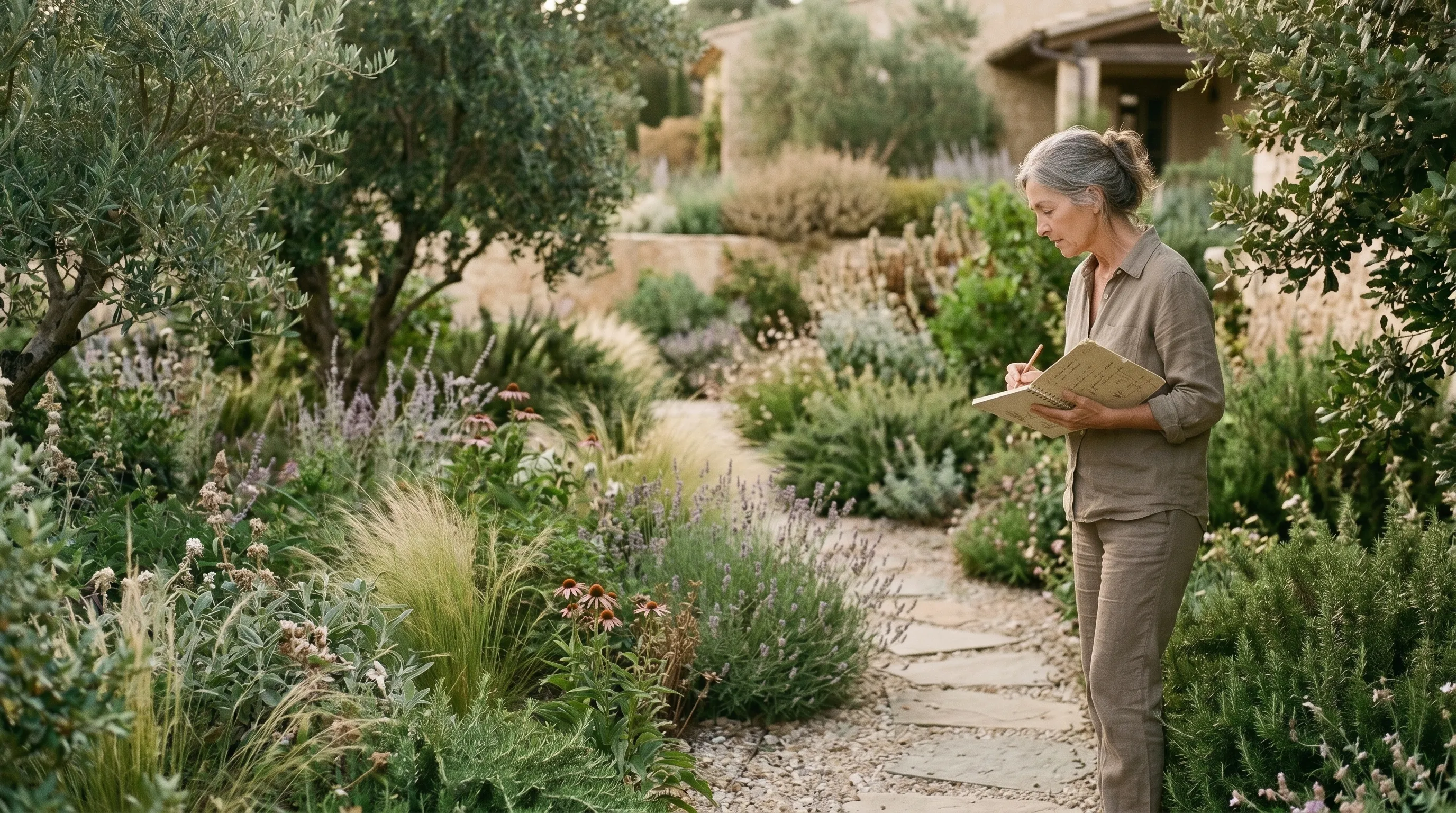 Mujer observando un jardín mediterráneo mientras toma notas para aprender paisajismo desde cero