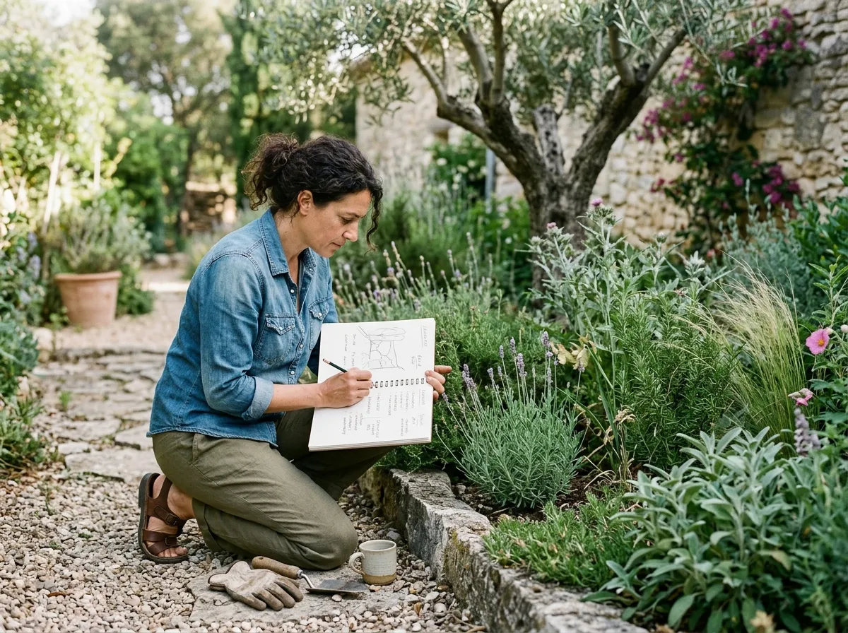 Alumna de Academia del Paisaje observando las plantas de un jardín mediterráneo mientras toma notas sobre su diseño y composición