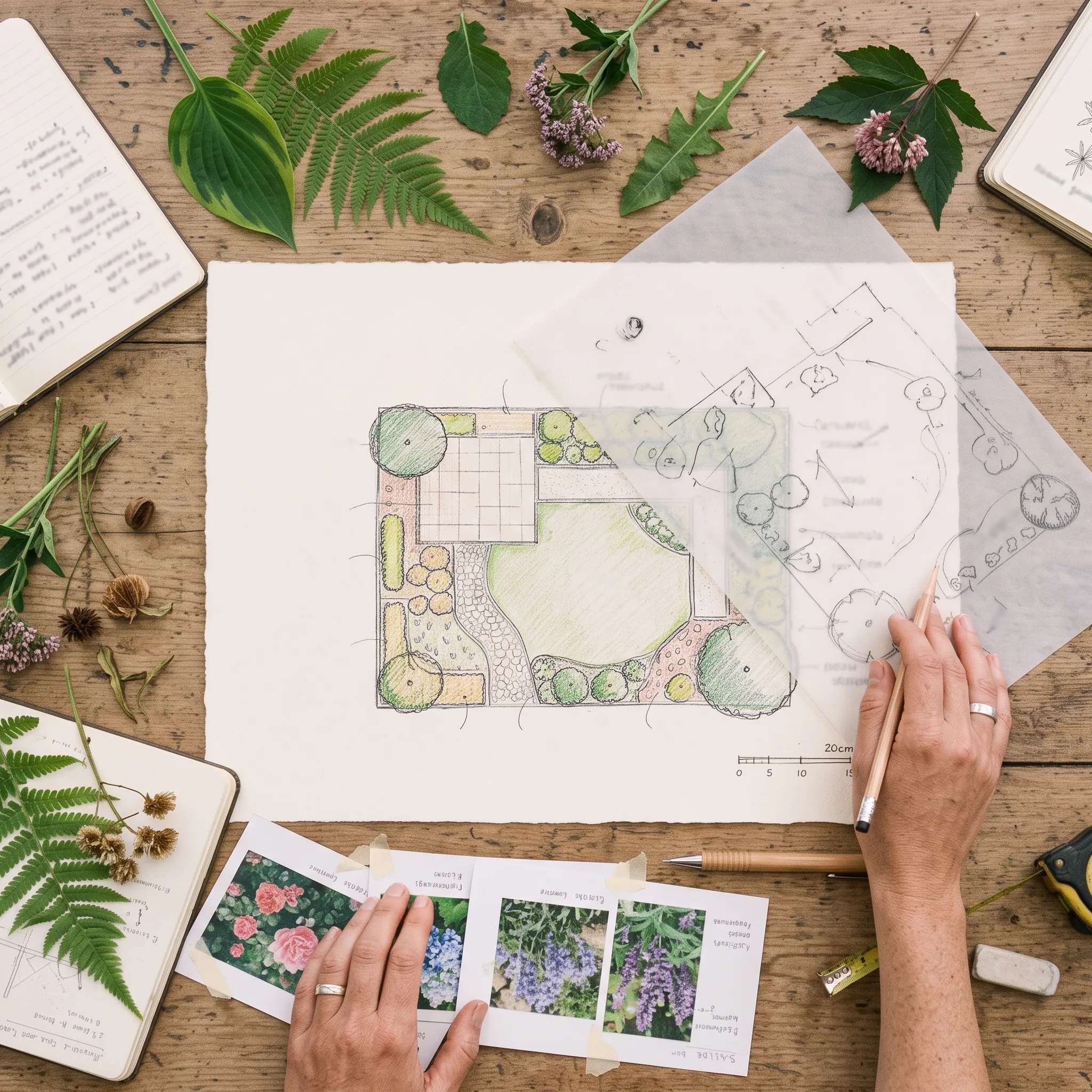 Manos trabajando en el plano de un jardín con muestras de plantas durante una formación de paisajismo de Academia del Paisaje