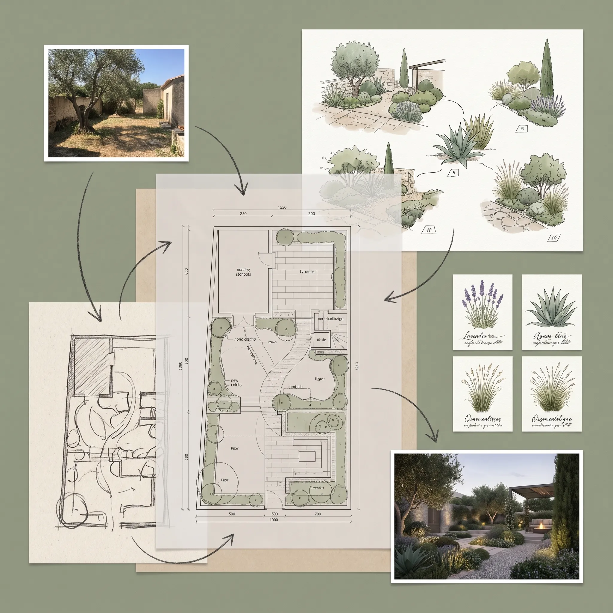 Proceso de diseño de un jardín mediterráneo desde el croquis y el plano hasta la selección de plantas realizada por un alumno de Academia del Paisaje