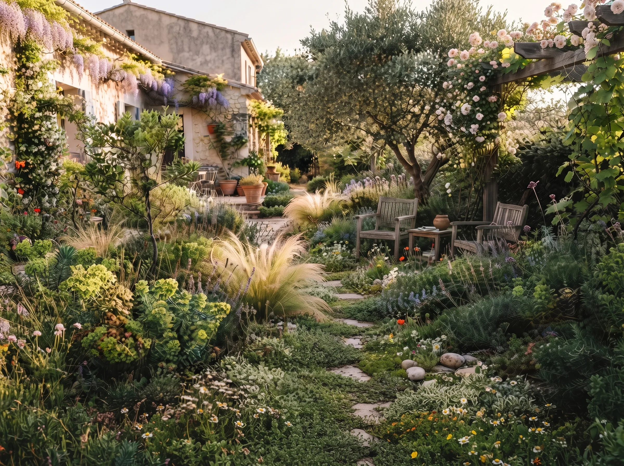 Jardín mediterráneo naturalista con sendero de piedra, olivo, gramíneas y flores, junto a una casa y una pequeña zona de descanso bajo una pérgola.
