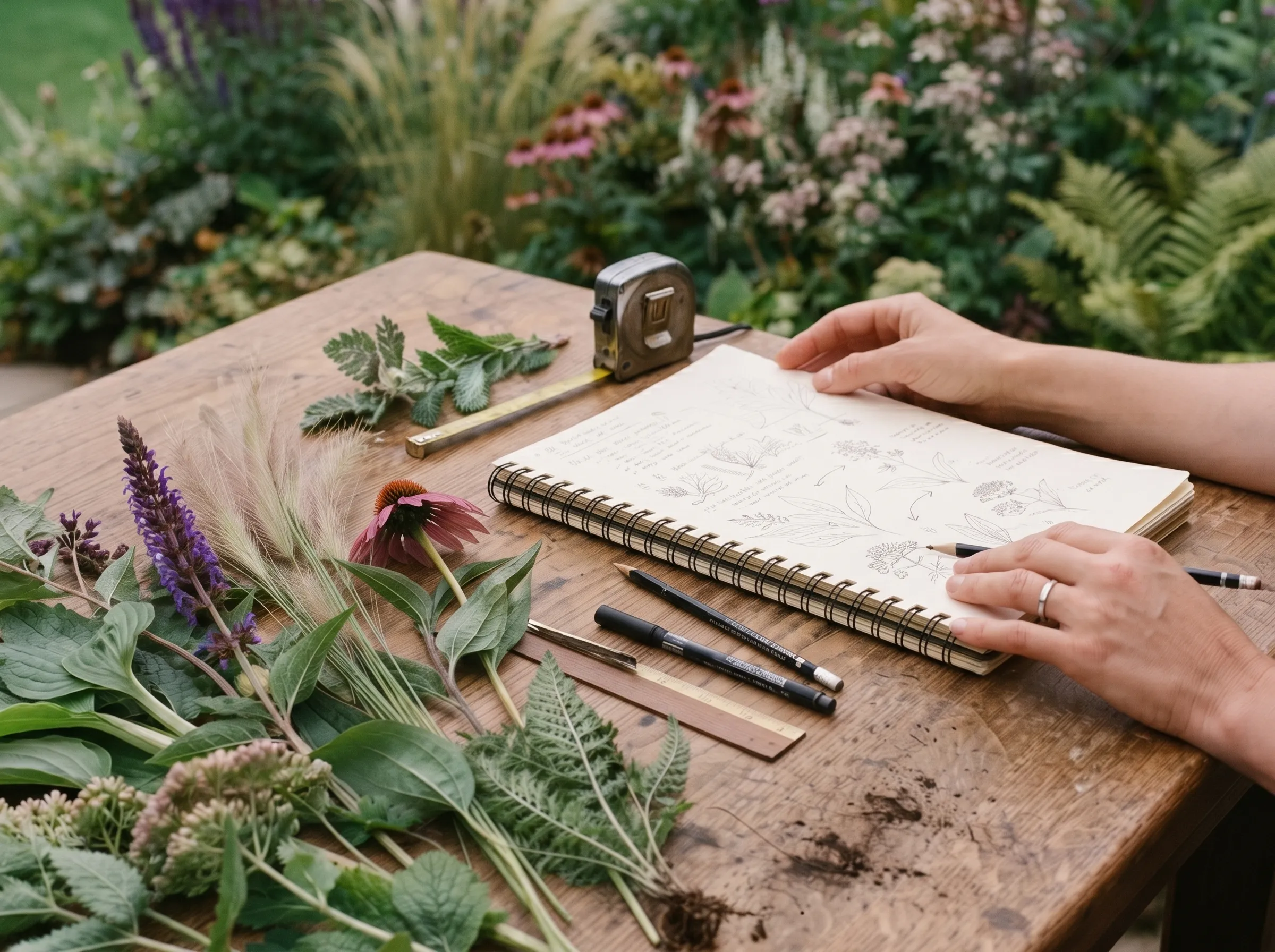 Diseñadora de jardines estudiando plantas sobre una mesa, con cuaderno de bocetos, lápices, cinta métrica y muestras de flores, hojas y gramíneas.