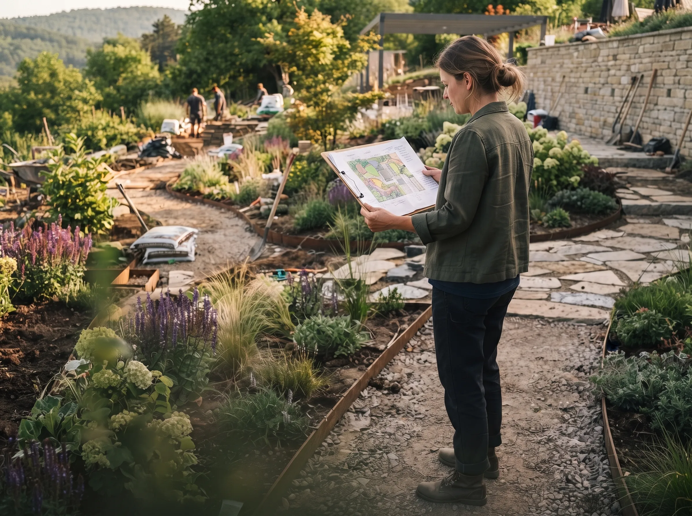 Paisajista revisando un plano de jardín durante la ejecución de una obra, rodeada de senderos, zonas de plantación, materiales y vegetación en proceso de instalación.