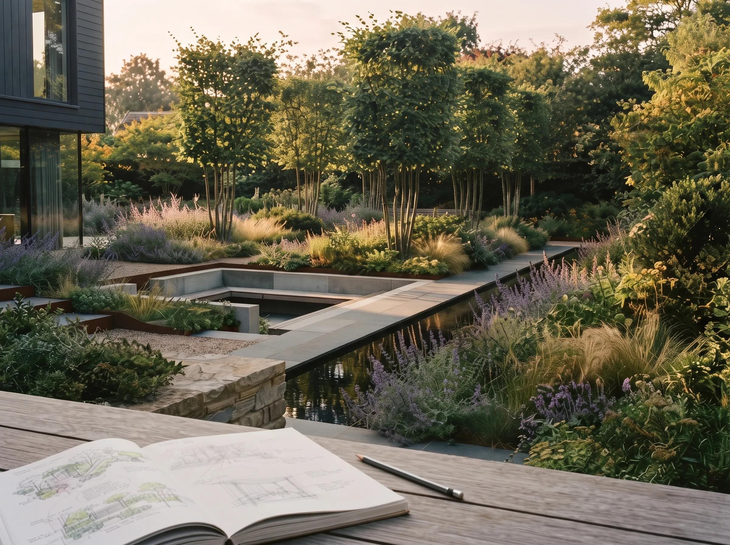 ardín contemporáneo de diseño paisajístico con árboles, plantaciones naturalistas, senderos y lámina de agua, visto desde una terraza con un cuaderno de bocetos en primer plano.”