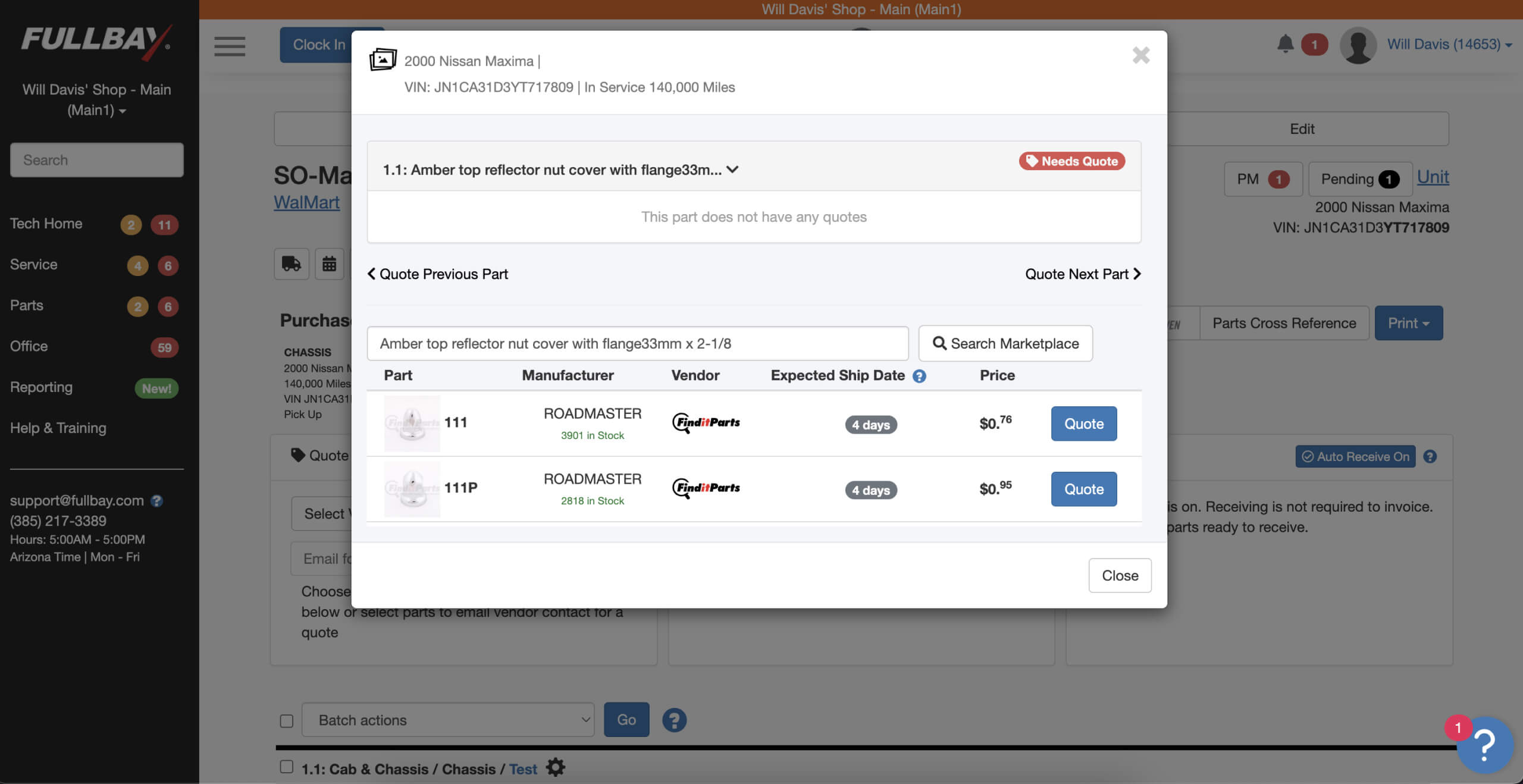 software interface showing quote options for amber top reflector nut covers for a 2000 Nissan Maxima, with manufacturer Roadmaster, vendor FinditParts, prices, and expected 4-day ship dates.