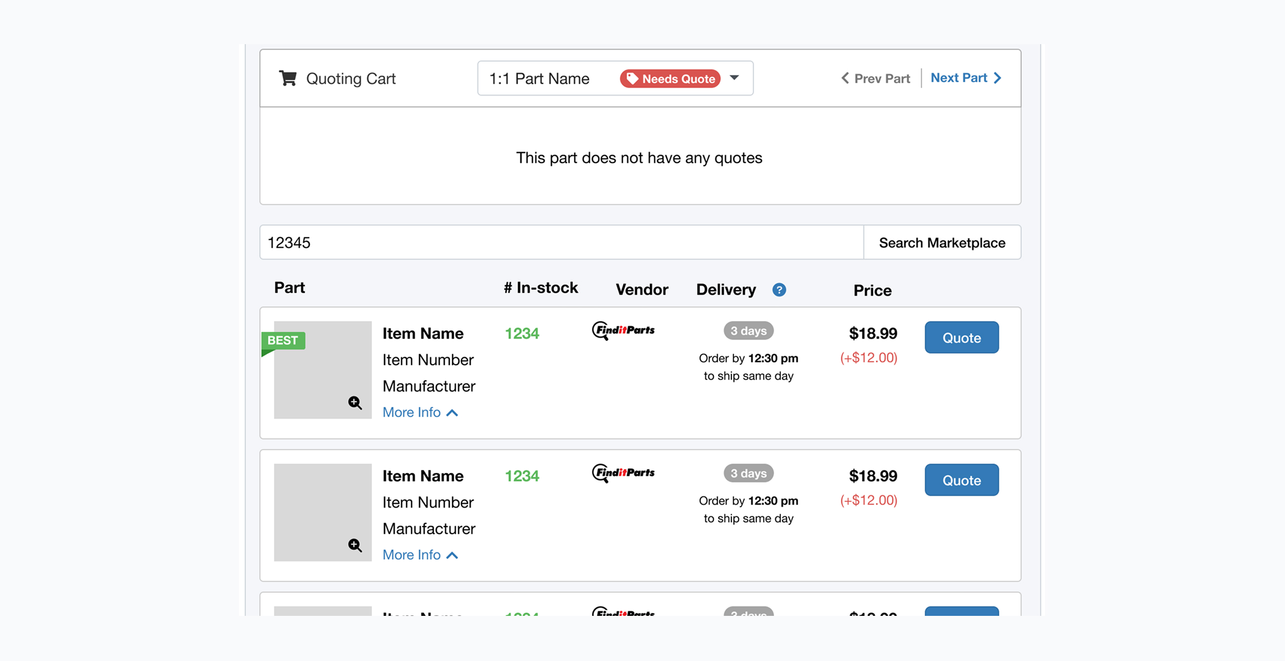 Webpage displaying a parts quoting cart with three listings showing item name, in-stock quantity, vendor, delivery time of three days with same-day shipping if ordered by 12:30 pm, price $18.99 plus $12.00, and a blue Quote button.