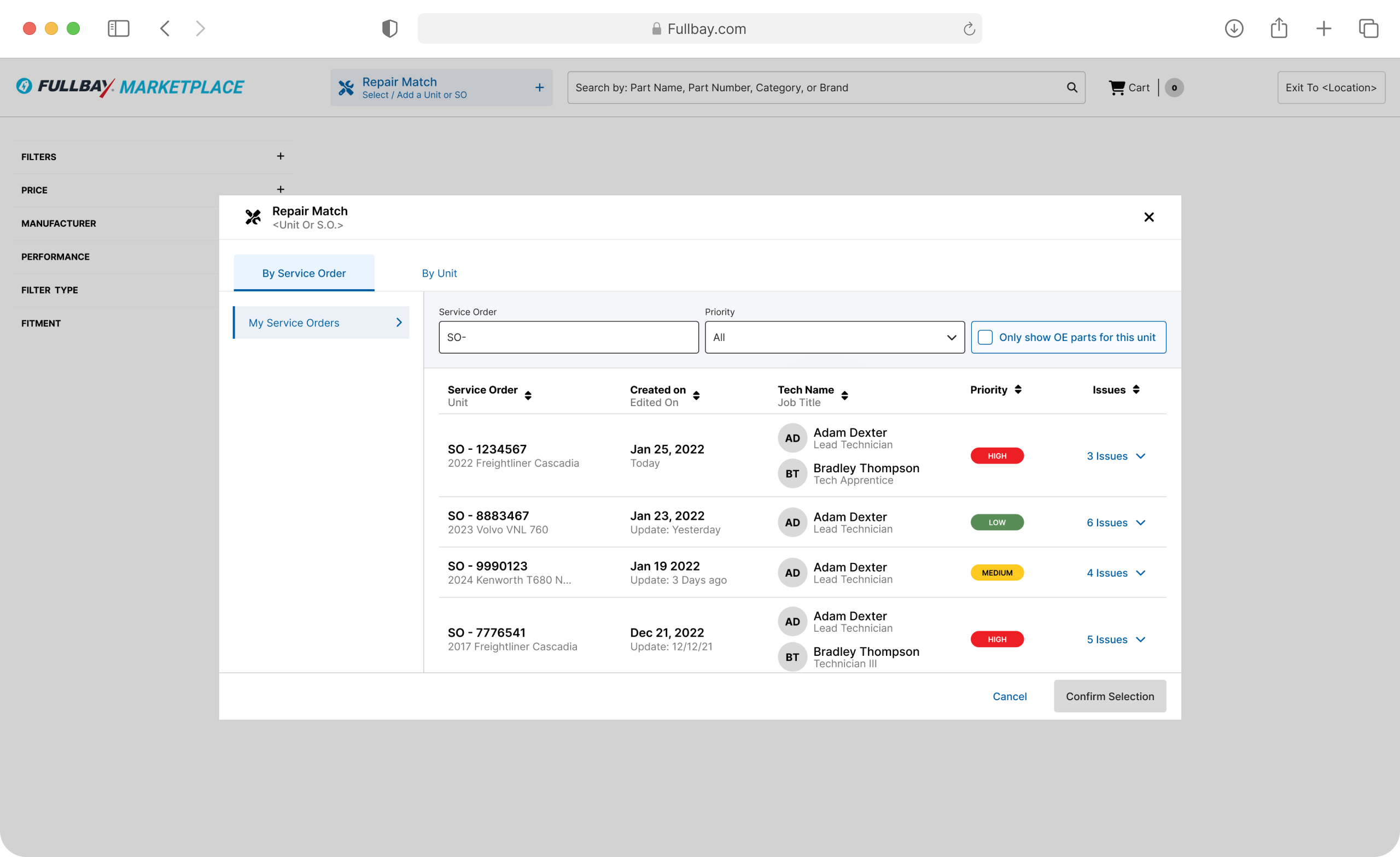Repair Match interface displaying a list of service orders with details including service order number, creation date, technician names, priority levels, and issue counts.