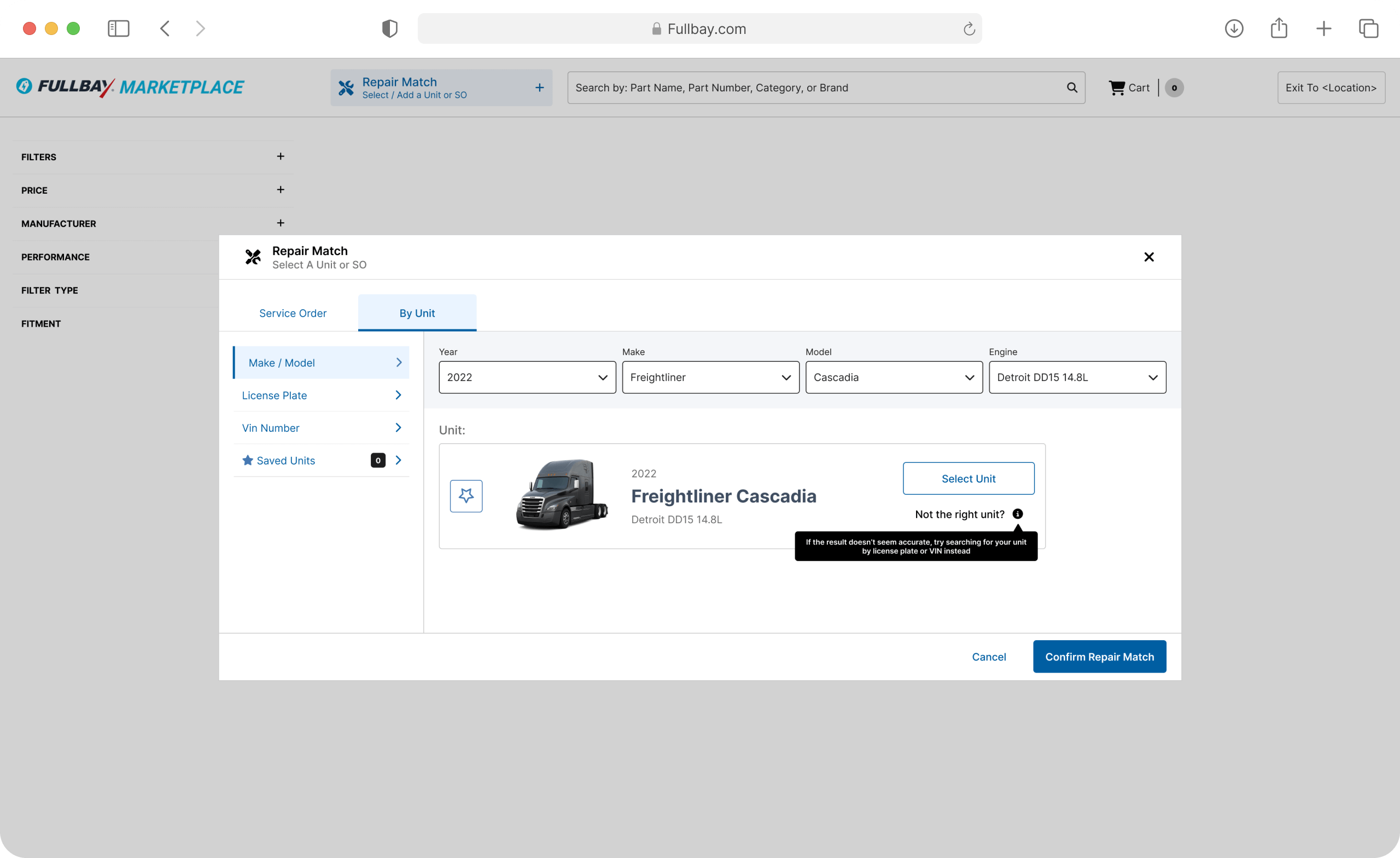 Marketplace screen showing a repair match form with a 2022 Freightliner Cascadia truck and Detroit DD15 14.8L engine selected.