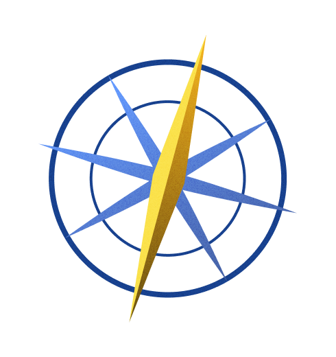 Blue and gold stylized compass rose with rings and directional points.