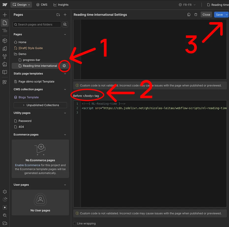screenshot d'aide pour ajouter un script dans le before body tag webflow