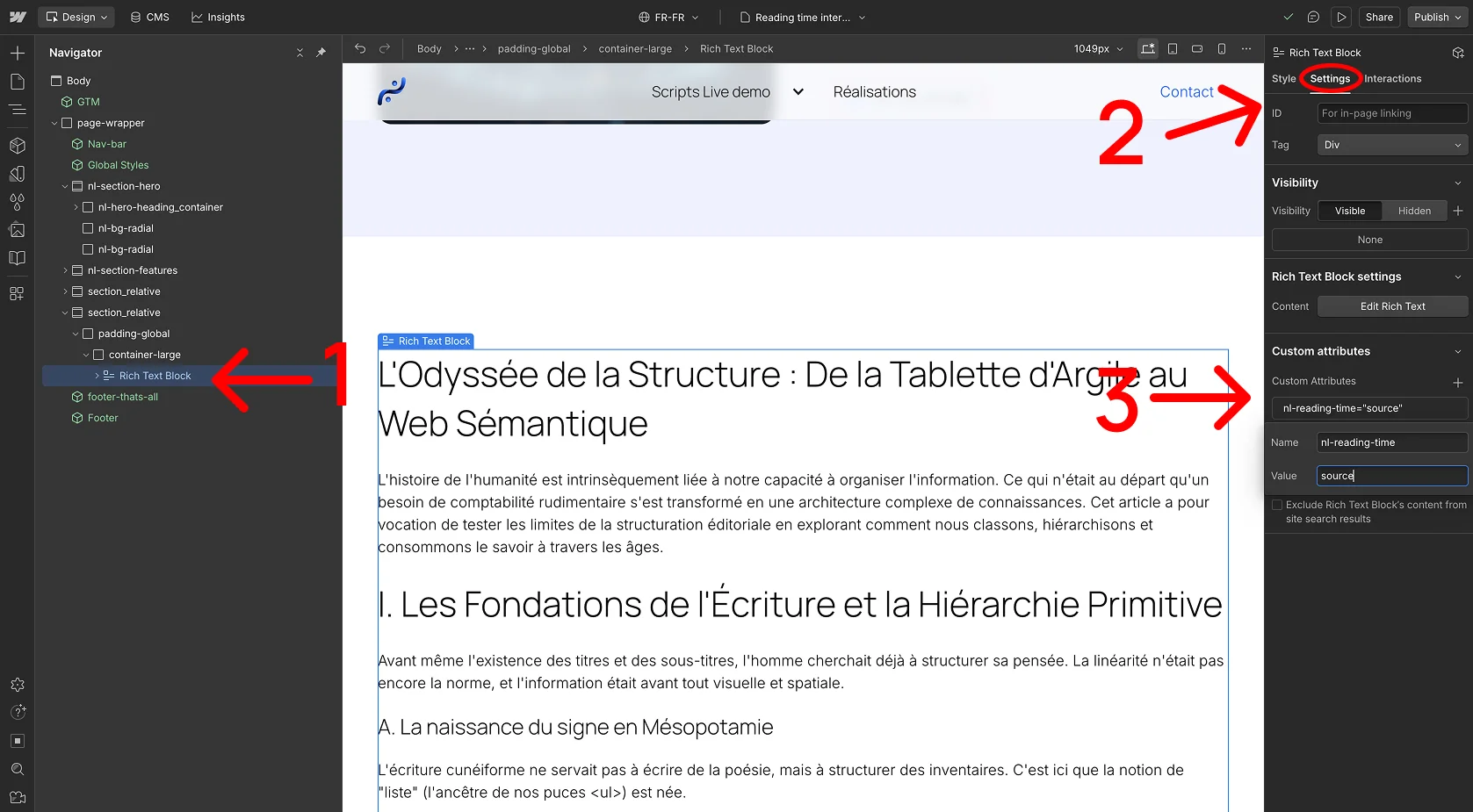 screenshot ajout de l'attribut nl-reading-time=”source”