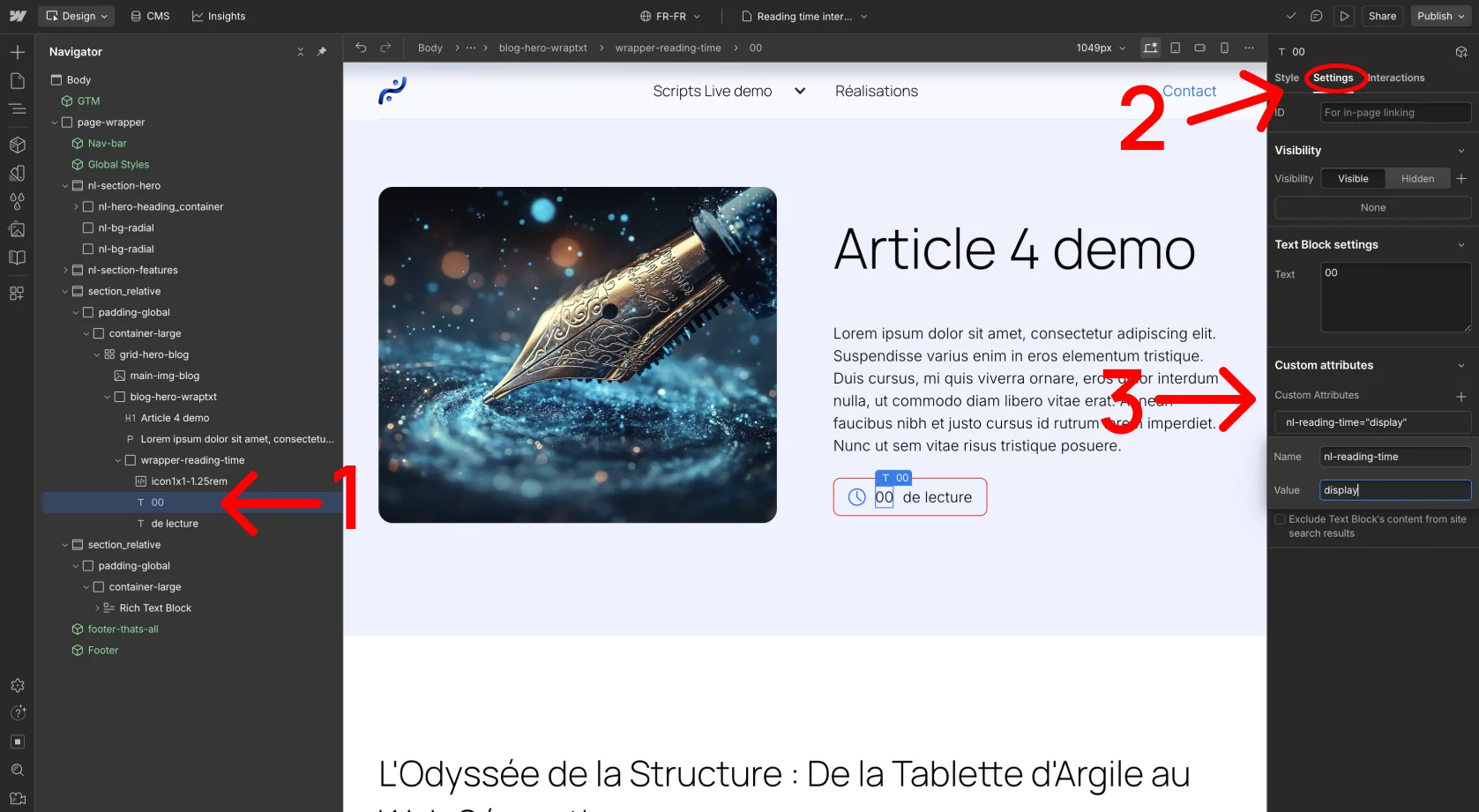 screenshot ajout de l'attribut nl-reading-time=”display”