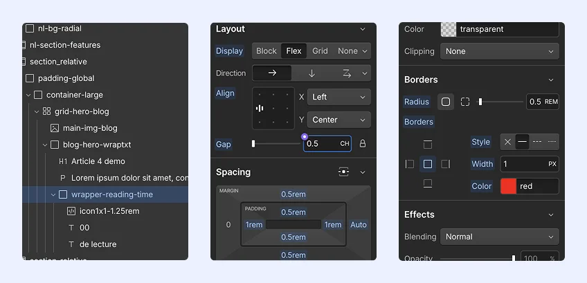 screenshot de configuration de la classe CSS parente qui accueille le temps de lecture