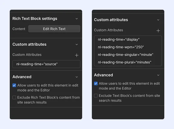 screenshot de tous les attributs nécessaires au bon fonctionnement du script