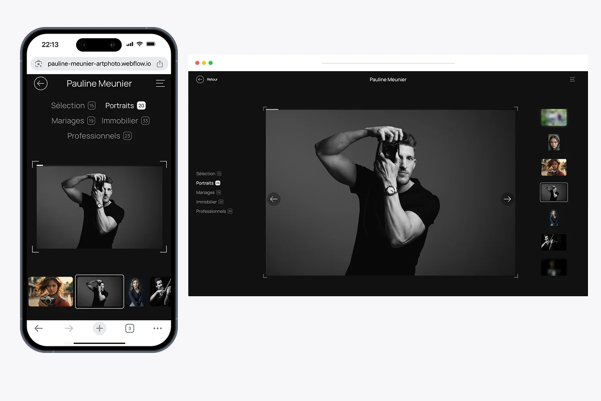 page projet avec swiper JS responsive du site https://pauline-meunier-artphoto.webflow.io/