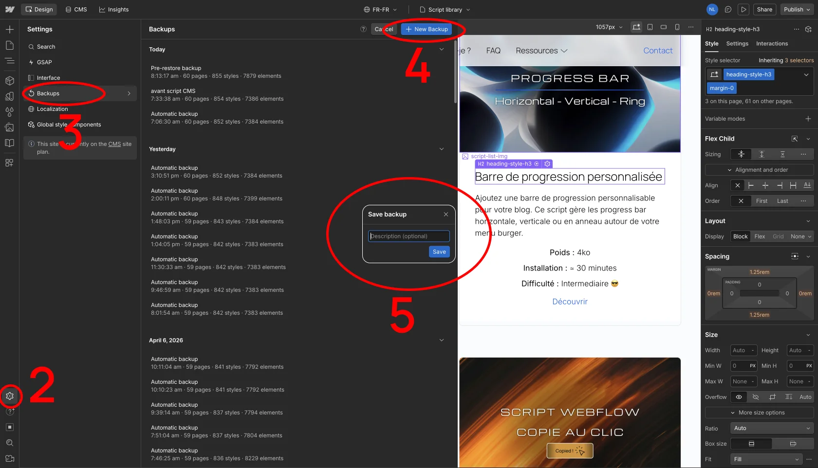 Fenêtre de création d'un point de sauvegarde manuel dans le Webflow Designer