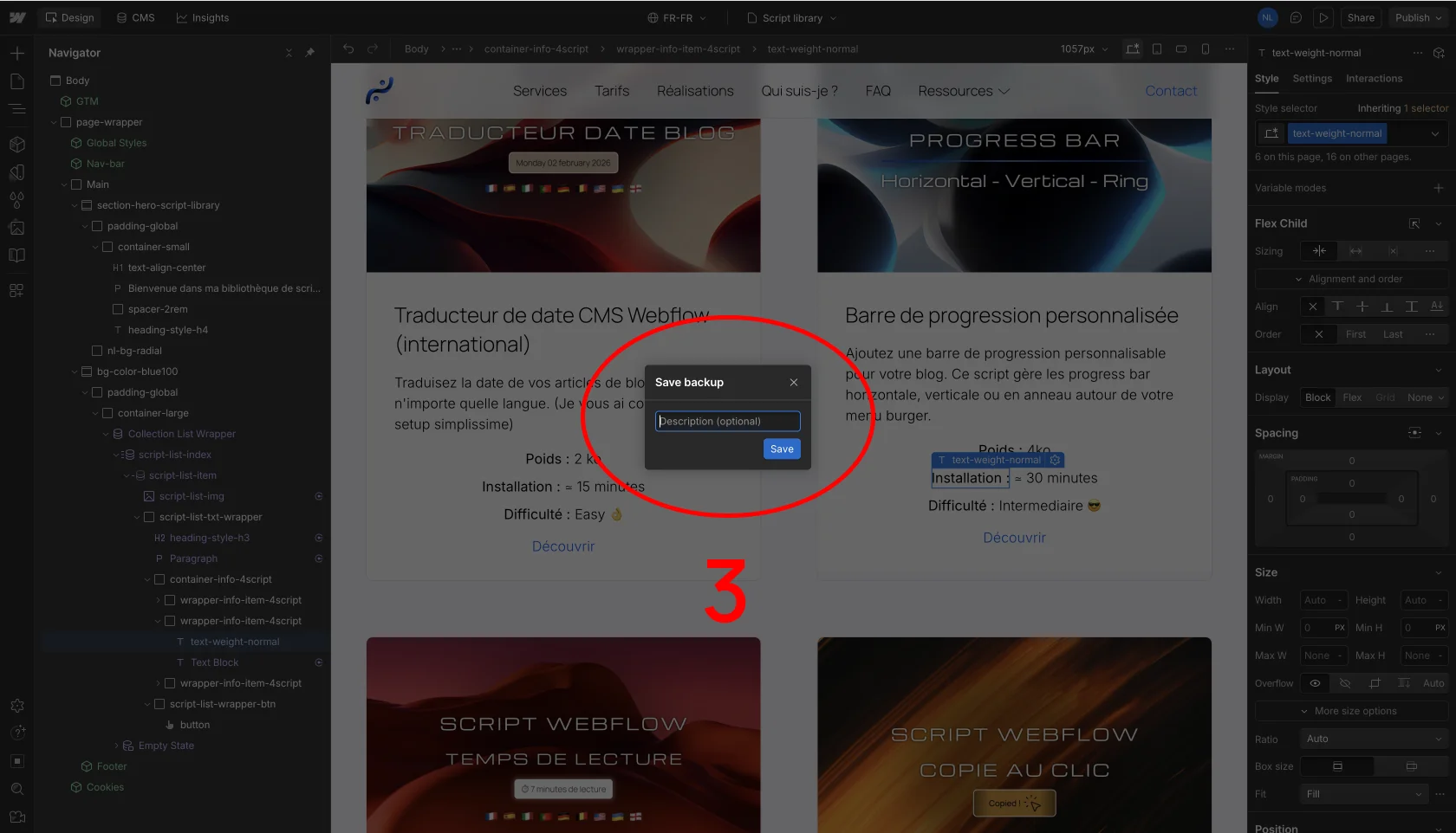 Fenêtre modal du raccourcis clavier de sauvegarde webflow