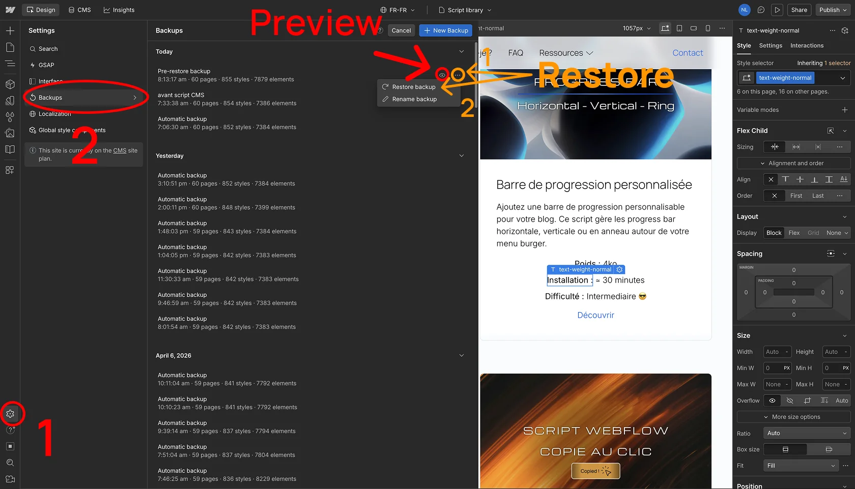 Interface des paramètres d'un projet Webflow montrant l'accès à l'onglet Backups et à l'option de restauration