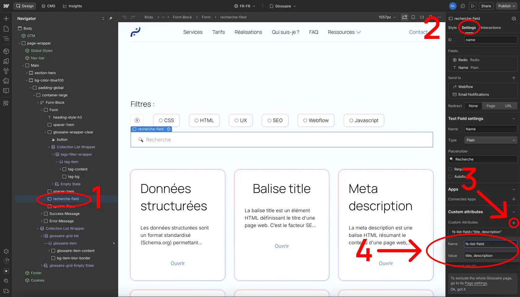  Comment remplir les champs name et value d'un custom attribute dans les paramètres Webflow